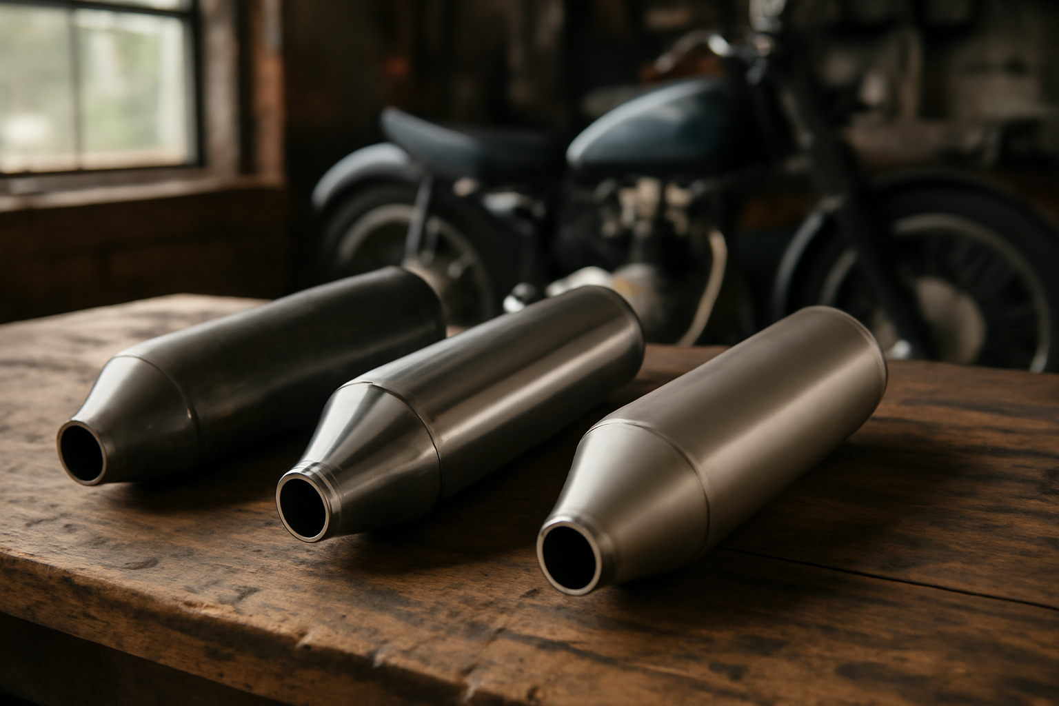 Tiga knalpot motor klasik dari bahan baja, stainless steel, dan aluminium di atas meja bengkel